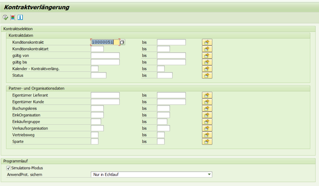 Einstiegsbildschirm Kontraktverlängerung mit Transaktion WB2R_EXTENSION