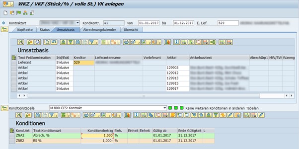 Beispielhafte Darstellung der Umsatzbasis auf Kopfebene eines Konditionskontrakts in SAP CCM