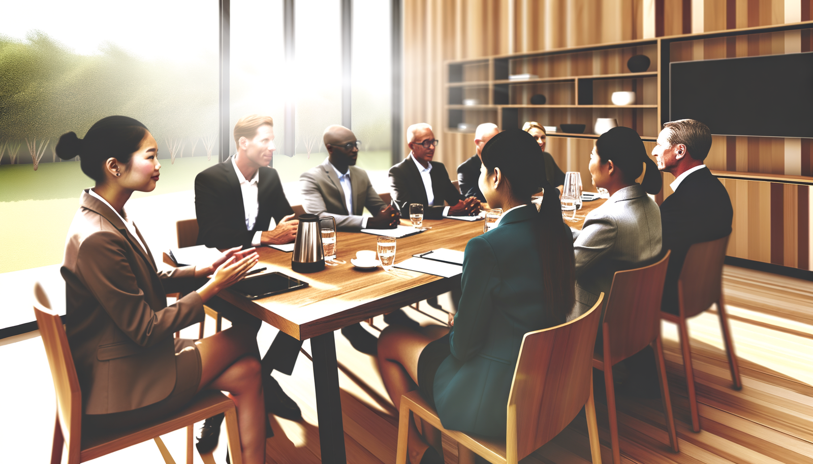 Ein Besprechungsraum mit mehreren Personen, die an einem Tisch sitzen und über die Lieferantenbeziehung sprechen. Die Personen scheinen Unternehmensvertreter und Lieferanten zu sein, die sich in einem professionellen Rahmen treffen. Auf dem Tisch liegen Dokumente und Laptops, die auf eine geschäftliche Diskussion hinweisen.