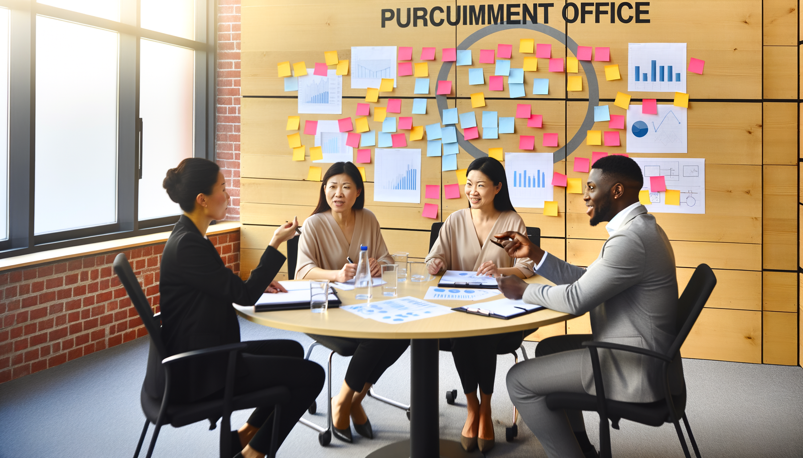 Ein modernes Beschaffungsbüro mit mehreren Fachleuten, die um einen Tisch sitzen und über innovative Beschaffungsstrategien diskutieren. Die Atmosphäre ist professionell und konzentriert.