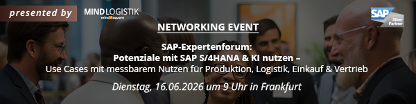 Banner: SAP-Expertenforum: Potenziale mit SAP S/4HANA & KI nutzen – Use Cases mit messbarem Nutzen für Produktion, Logistik, Einkauf & Vertrieb