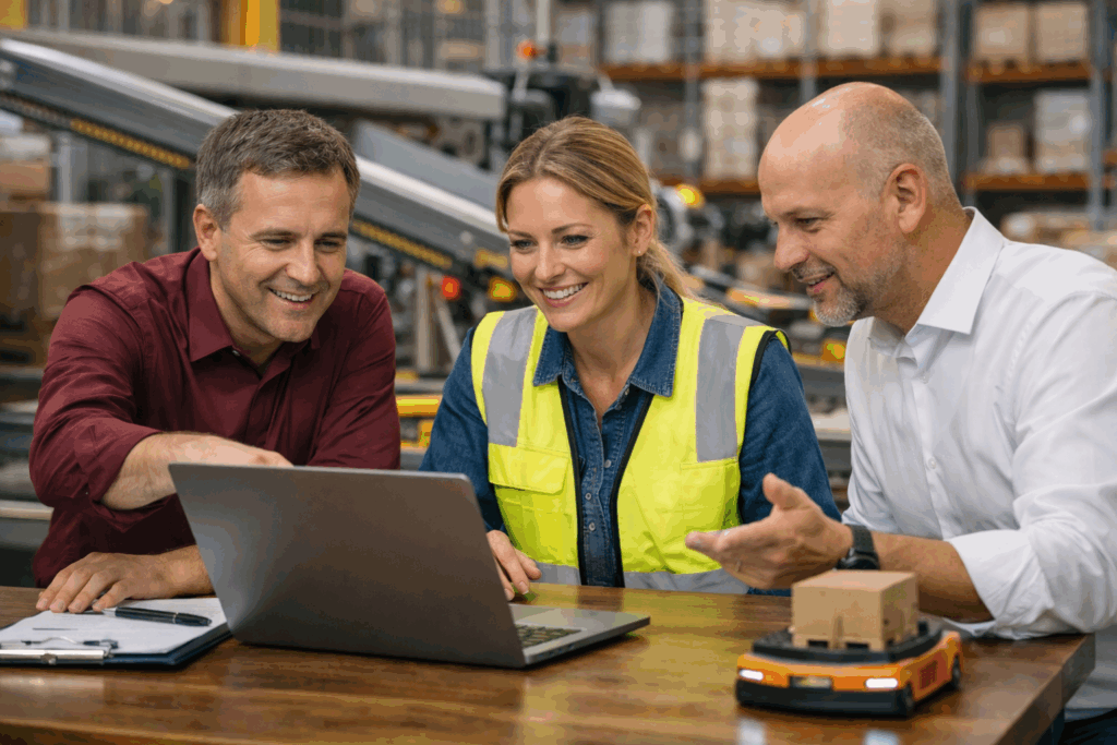 3 Leute, die innerhalb eines Lagers auf einen Laptop gucken