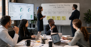 Berater und Mitarbeiter sitzen an einem Tisch im Schnellcheck: KI Use Case Bewertung in der Supply Chain