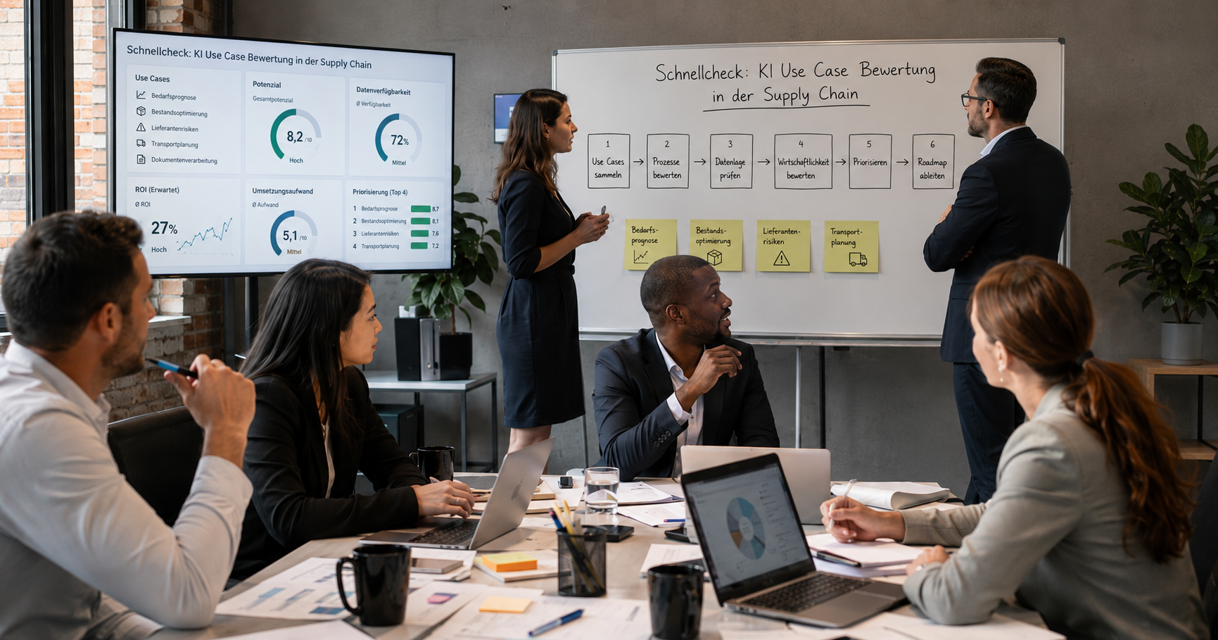 Berater und Mitarbeiter sitzen an einem Tisch im Schnellcheck: KI Use Case Bewertung in der Supply Chain