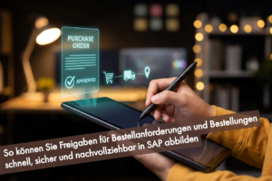 Hände halten ein Tablet und einen Eingabestift, darüber schwebt ein virtuelles Fenster mit der Meldung „Purchase order approved“ zur digitalen Bestellfreigabe.