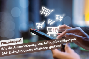 Hände bedienen ein Smartphone, über dem mehrere kleine Einkaufswagen als grafische Elemente schweben.