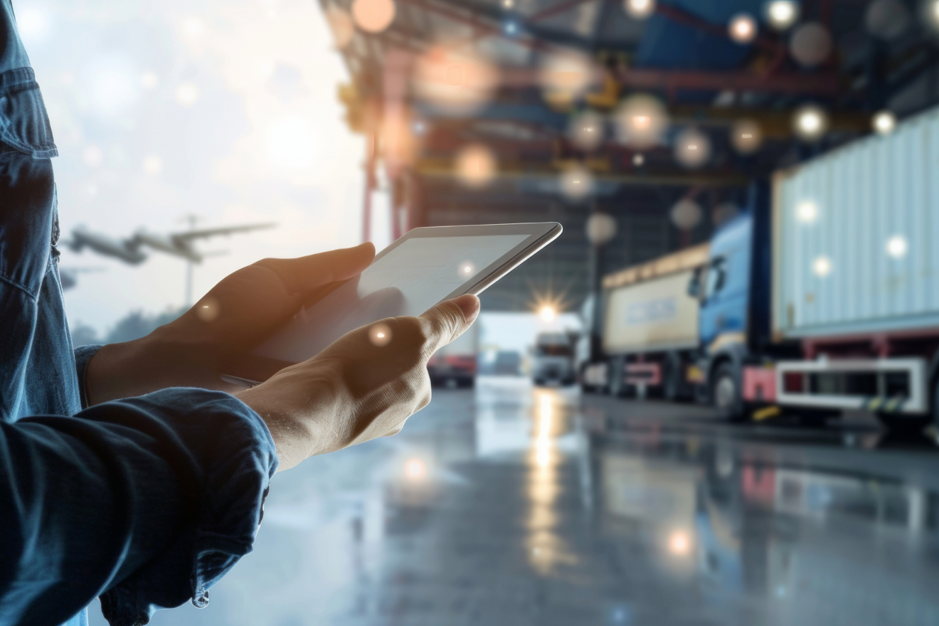 Mitarbeiter erfasst Wareneingang digital mit Tablet im Lager