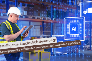 Mann mit Tablet in modernem Lager mit KI